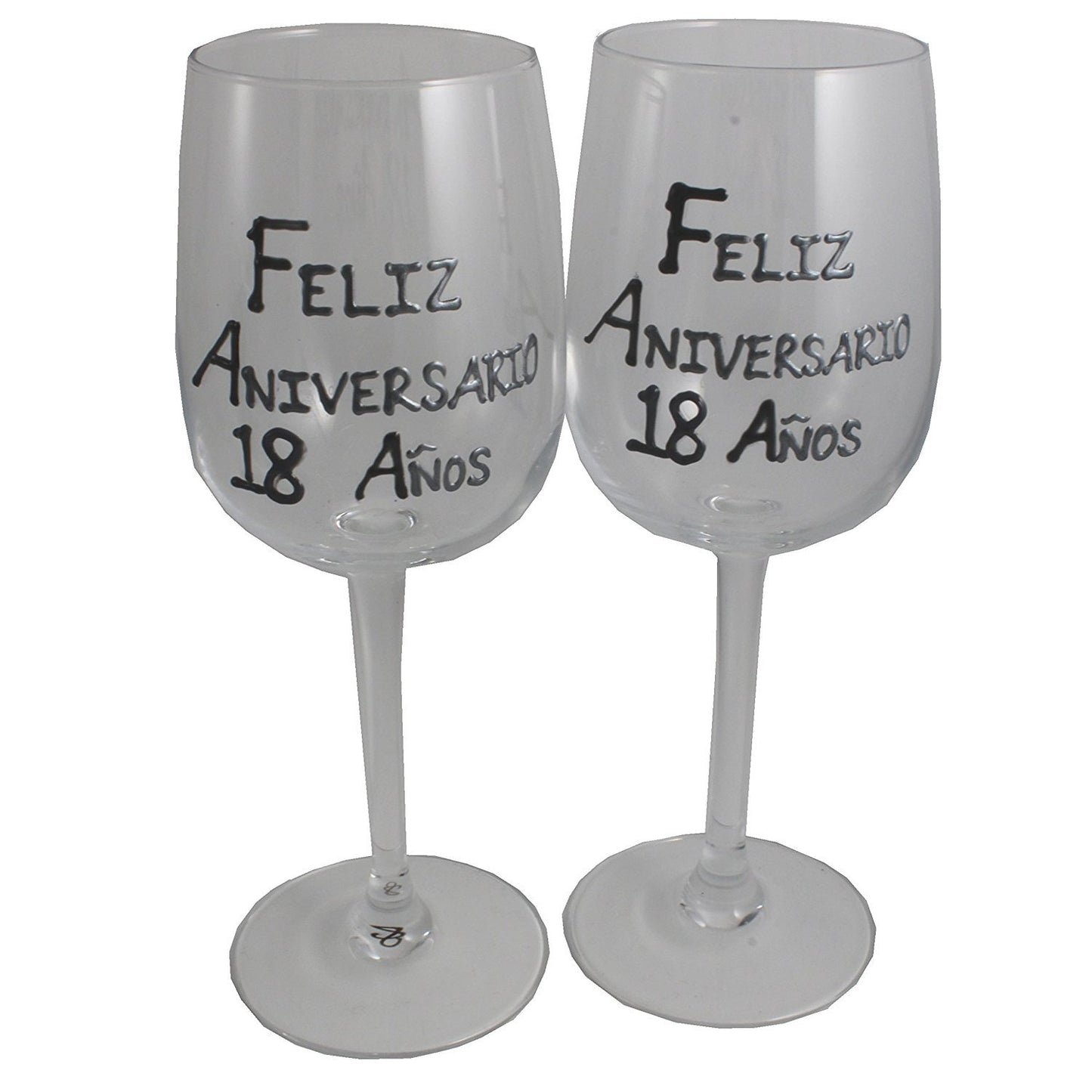 Un par de Copas de Vino Feliz Aniversario 18 Aí±os - 18th Wedding Anniversary Pair of Wine Glasses (Blk/Sil)
