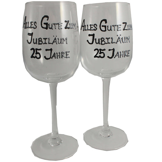 25 Jahre Alles Gute Zum Jubilí_um Paar Weinglí_ser - 25th Wedding Anniversary Pair of Wine Glasses (Blk/Sil)