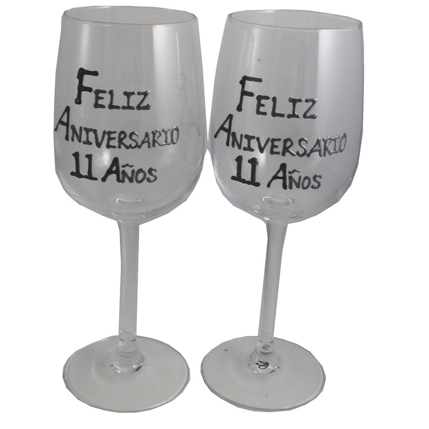 Un par de Copas de Vino Feliz Aniversario 11 Aí±os - 11th Wedding Anniversary Pair of Wine Glasses (Blk/Sil)