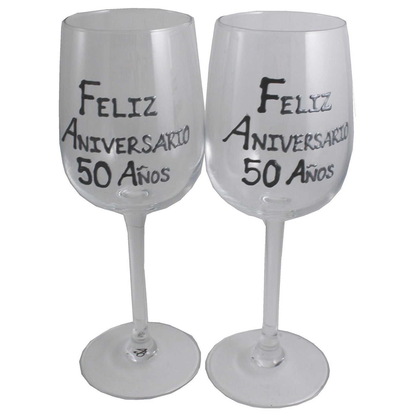 Un par de Copas de Vino Feliz Aniversario 50 Aí±os - 50th Wedding Anniversary Pair of Wine Glasses (Blk/Sil)