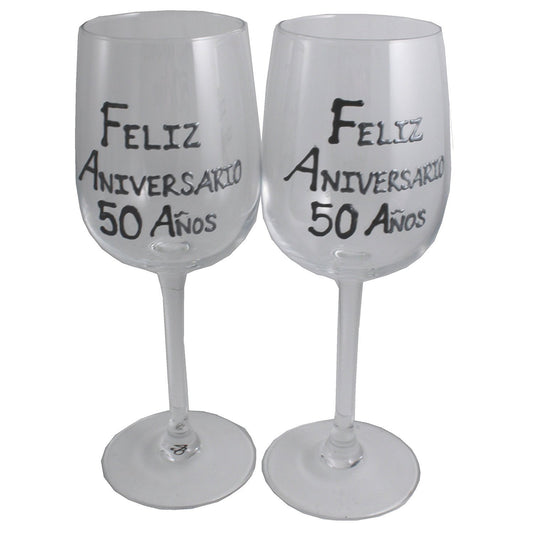 Un par de Copas de Vino Feliz Aniversario 50 Aí±os - 50th Wedding Anniversary Pair of Wine Glasses (Blk/Sil)