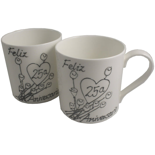 Par de China Tazas Feliz Aniversario 25 Aí±os - 25th Wedding Anniversary Pair of China Mugs  (Flower)
