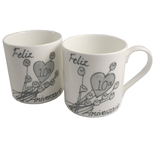 Par de China Tazas Feliz Aniversario 10 Aí±os - 10th Wedding Anniversary Pair of China Mugs  (Flower)