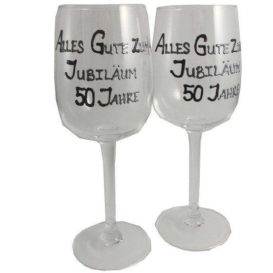 50 Jahre Alles Gute Zum Jubilí_um Paar Weinglí_ser - 50th Wedding Anniversary Pair of Wine Glasses (Blk/Sil)