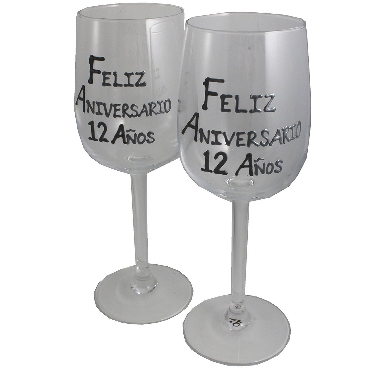 Un par de Copas de Vino Feliz Aniversario 12 Aí±os - 12th Wedding Anniversary Pair of Wine Glasses (Blk/Sil)