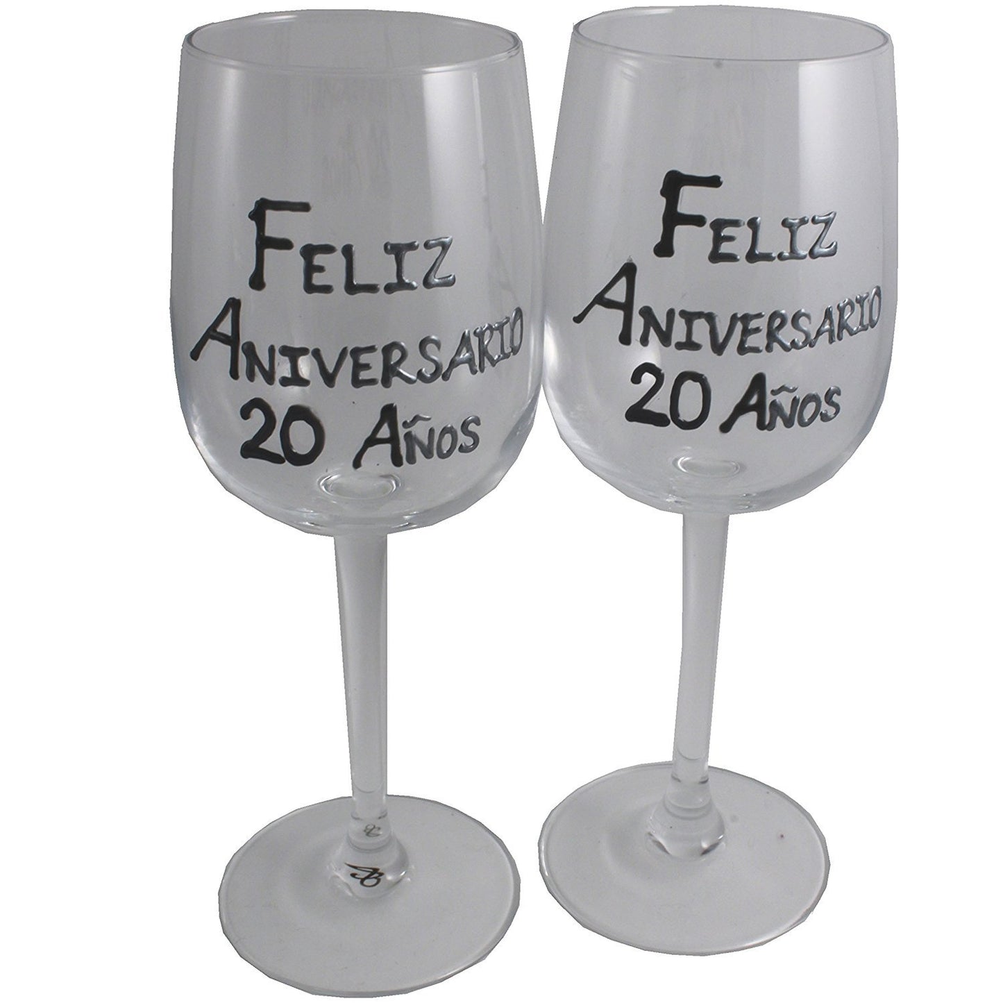 Un par de Copas de Vino Feliz Aniversario 20 Aí±os - 20th Wedding Anniversary Pair of Wine Glasses (Blk/Sil)