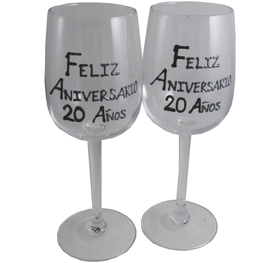 Un par de Copas de Vino Feliz Aniversario 20 Aí±os - 20th Wedding Anniversary Pair of Wine Glasses (Blk/Sil)