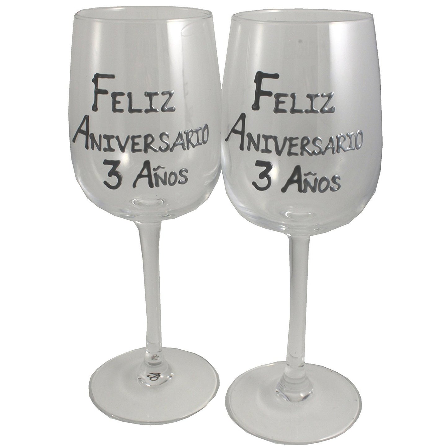 Un par de Copas de Vino Feliz Aniversario 3 Aí±os - 3rd Wedding Anniversary Pair of Wine Glasses (Blk/Sil)
