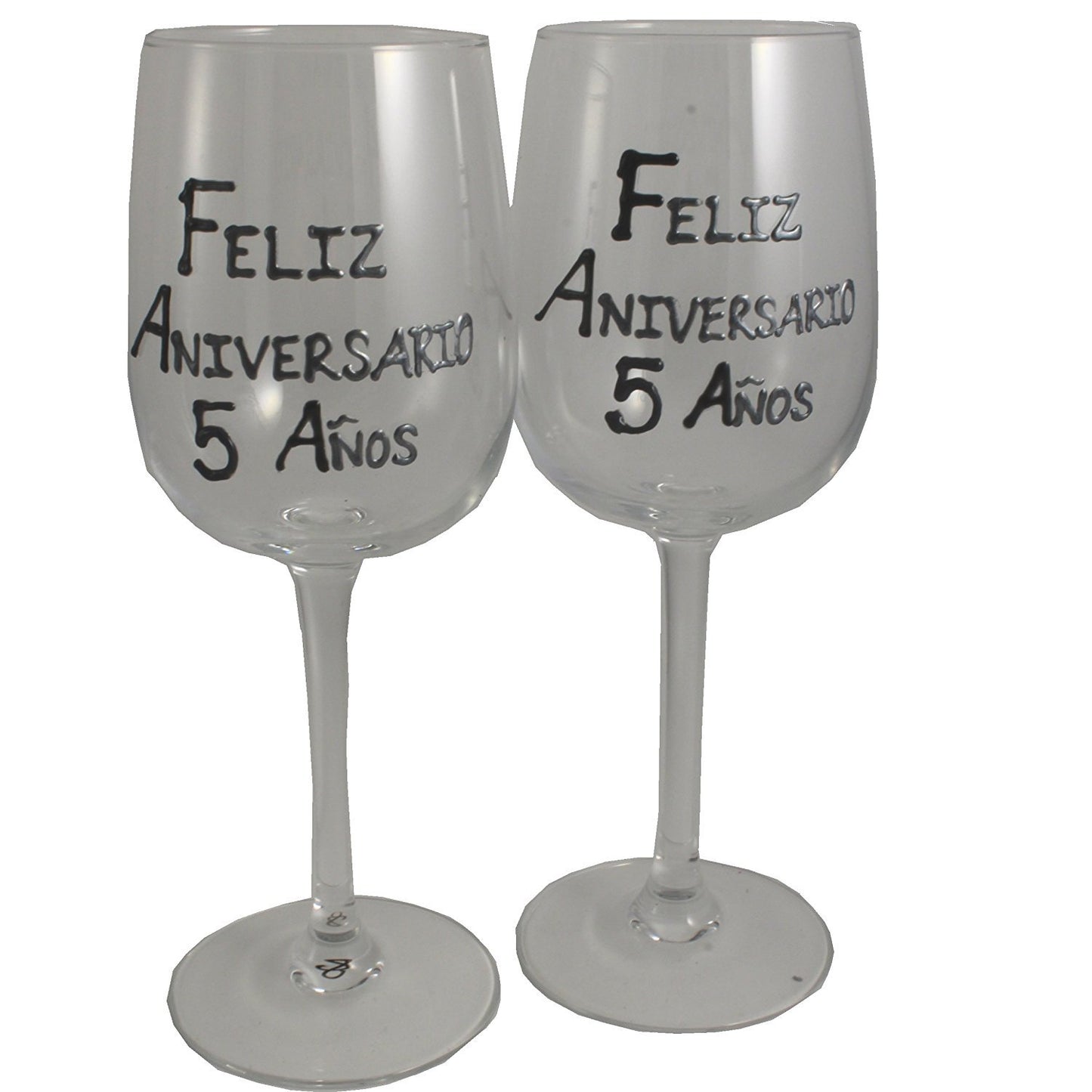Un par de Copas de Vino Feliz Aniversario 5 Aí±os - 5th Wedding Anniversary Pair of Wine Glasses (Blk/Sil)