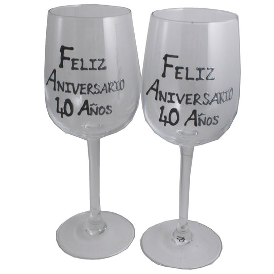 Un par de Copas de Vino Feliz Aniversario 40 Aí±os - 40th Wedding Anniversary Pair of Wine Glasses (Blk/Sil)