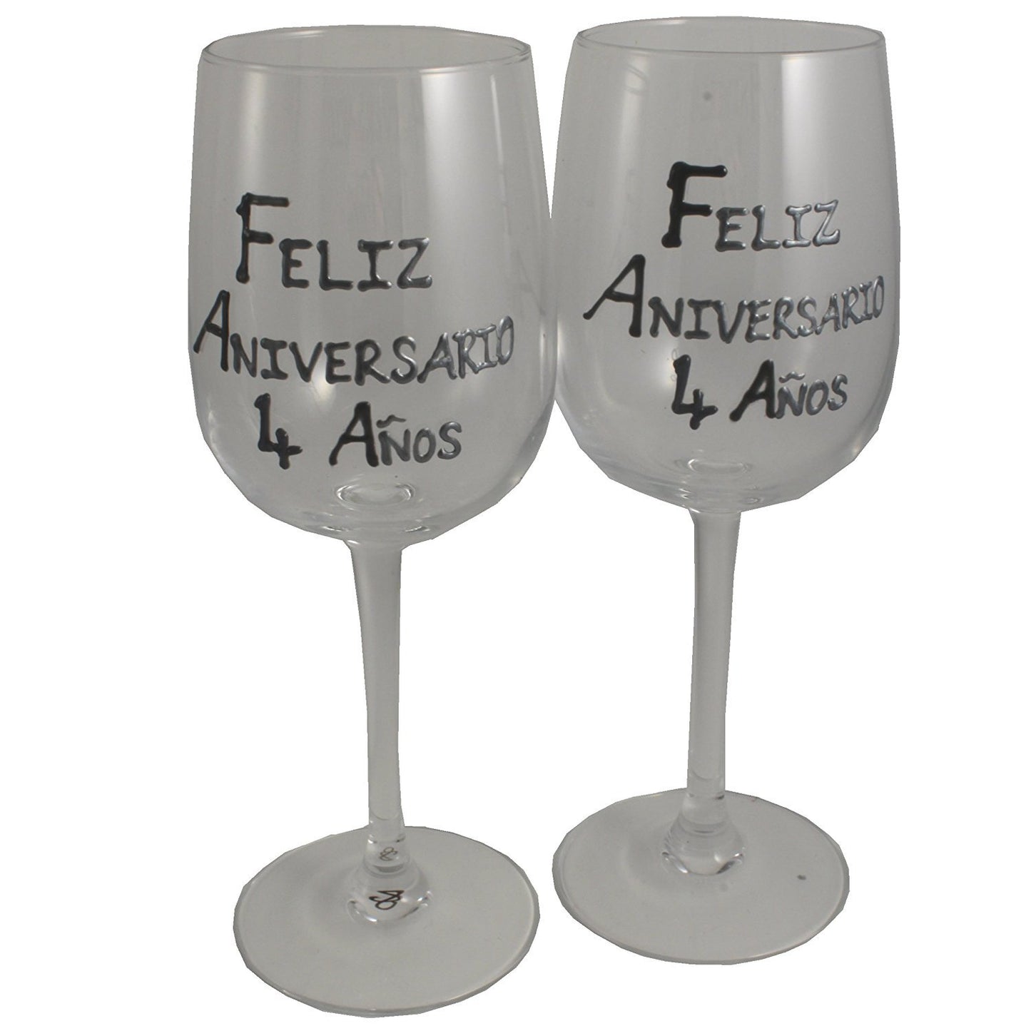 Un par de Copas de Vino Feliz Aniversario 4 Aí±os - 4th Wedding Anniversary Pair of Wine Glasses (Blk/Sil)