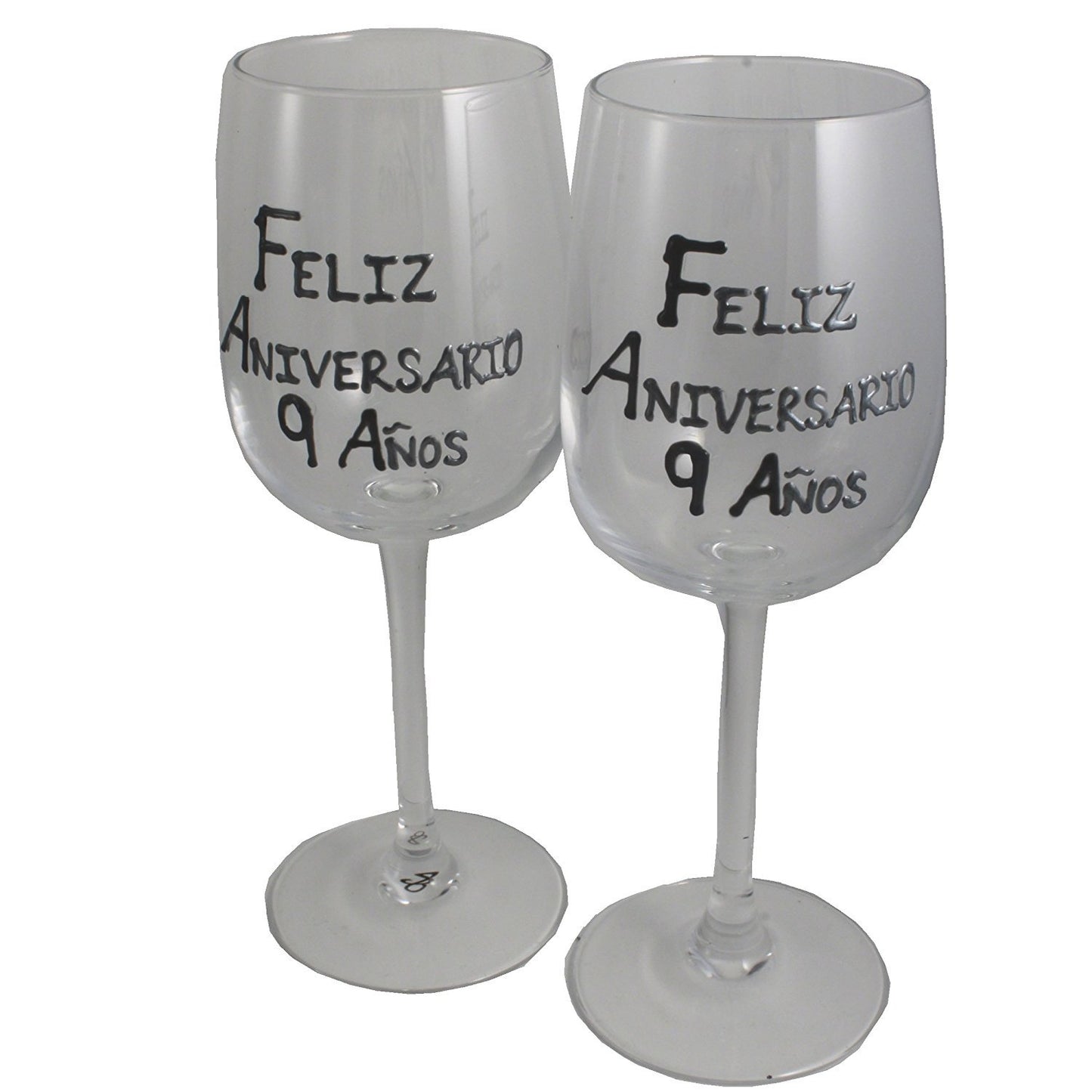 Un par de Copas de Vino Feliz Aniversario 9 Aí±os - 9th Wedding Anniversary Pair of Wine Glasses (Blk/Sil)