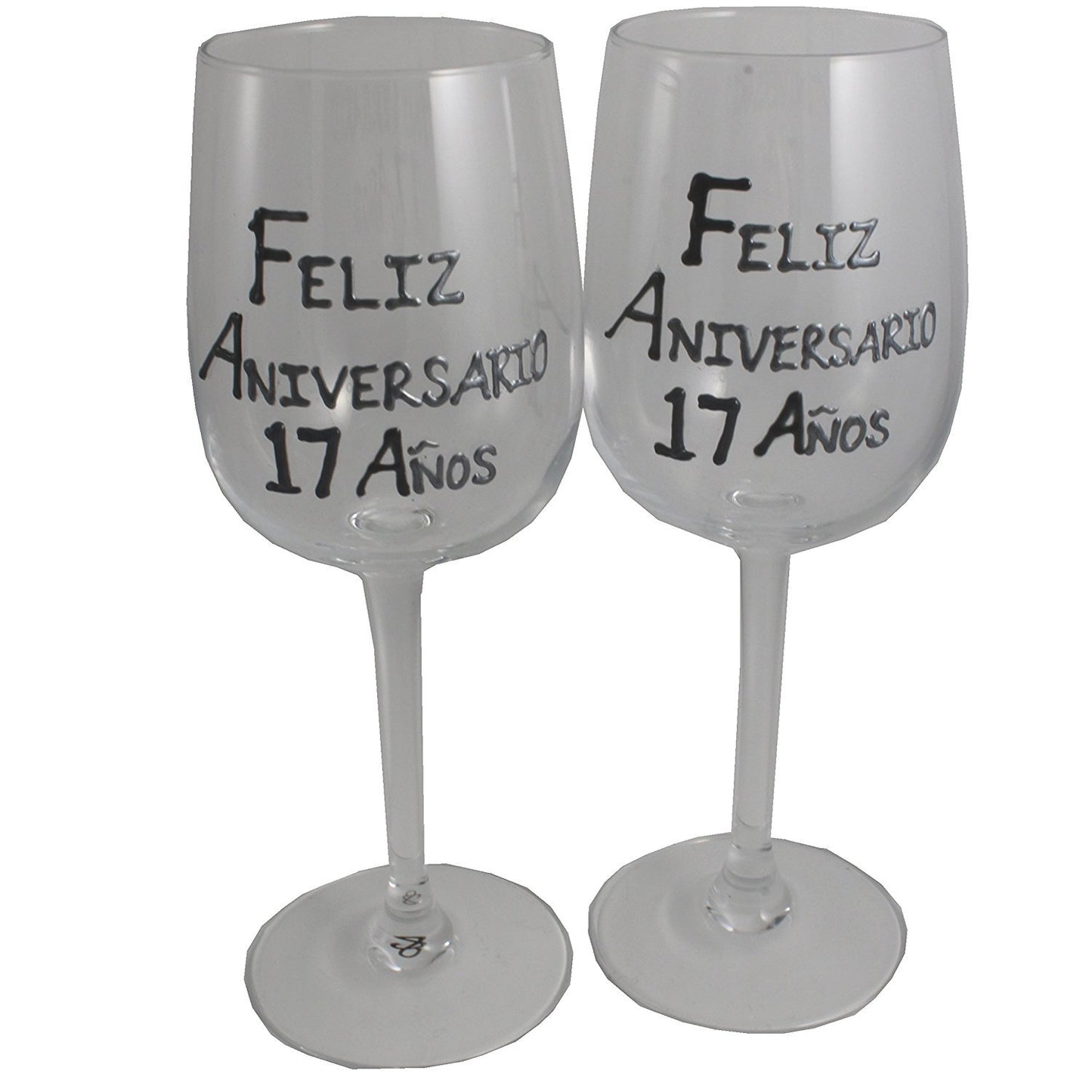 Un par de Copas de Vino Feliz Aniversario 17 Aí±os - 17th Wedding Anniversary Pair of Wine Glasses (Blk/Sil)