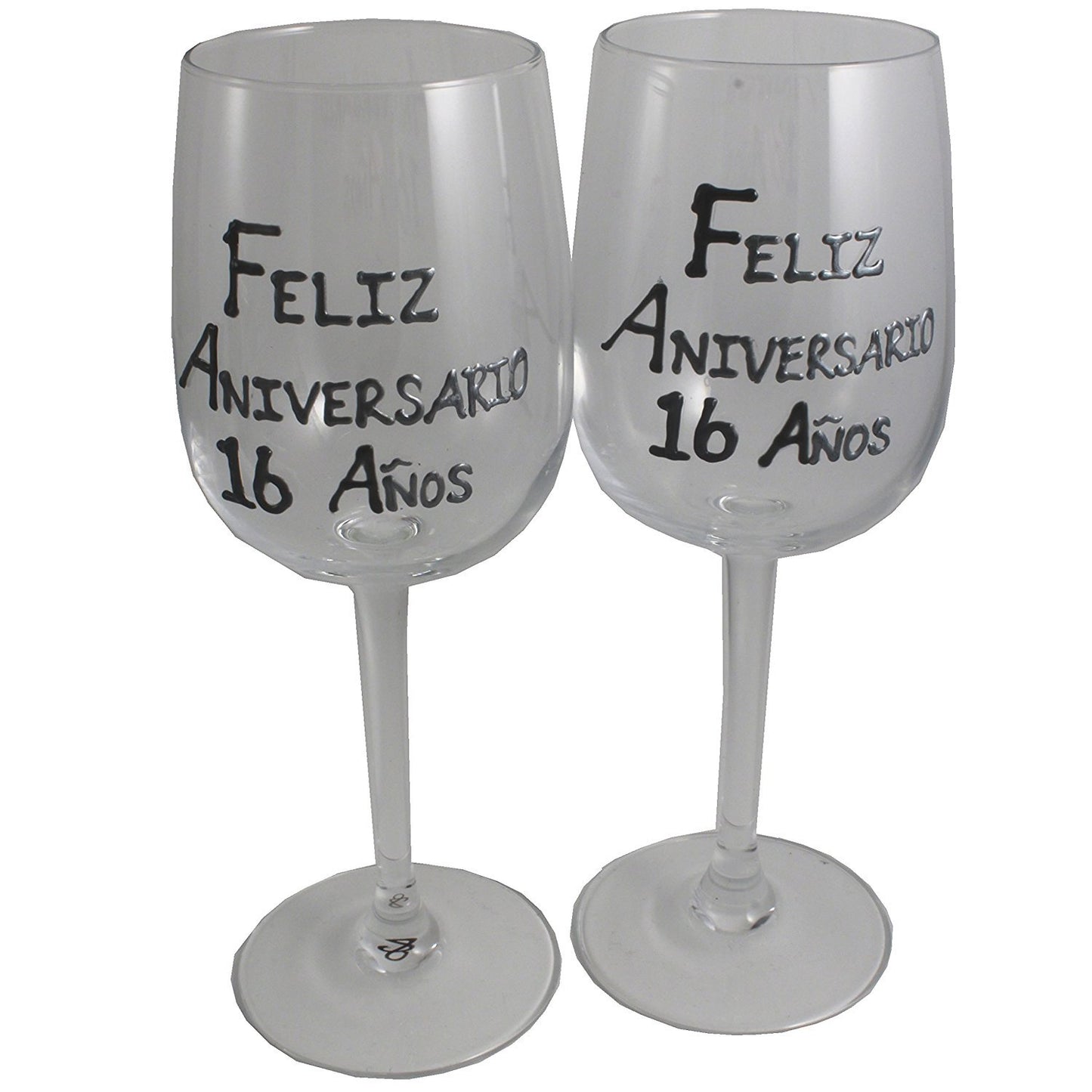 Un par de Copas de Vino Feliz Aniversario 16 Aí±os - 16th Wedding Anniversary Pair of Wine Glasses (Blk/Sil)