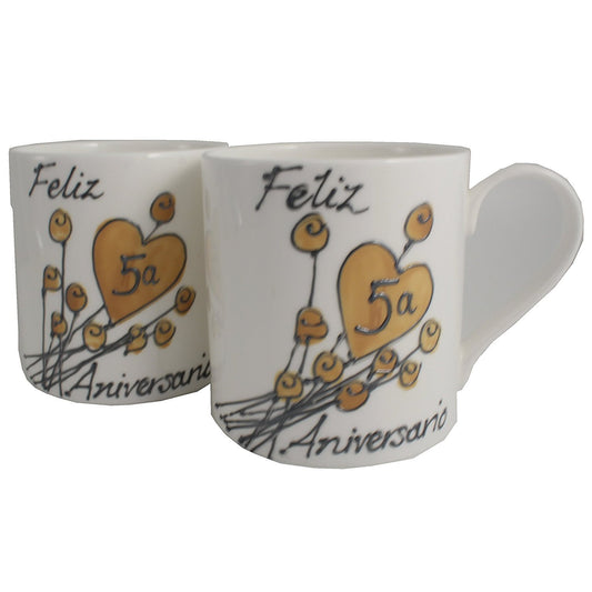 Par de China Tazas Feliz Aniversario 5 Aí±os - 5th Wedding Anniversary Pair of China Mugs  (Flower)