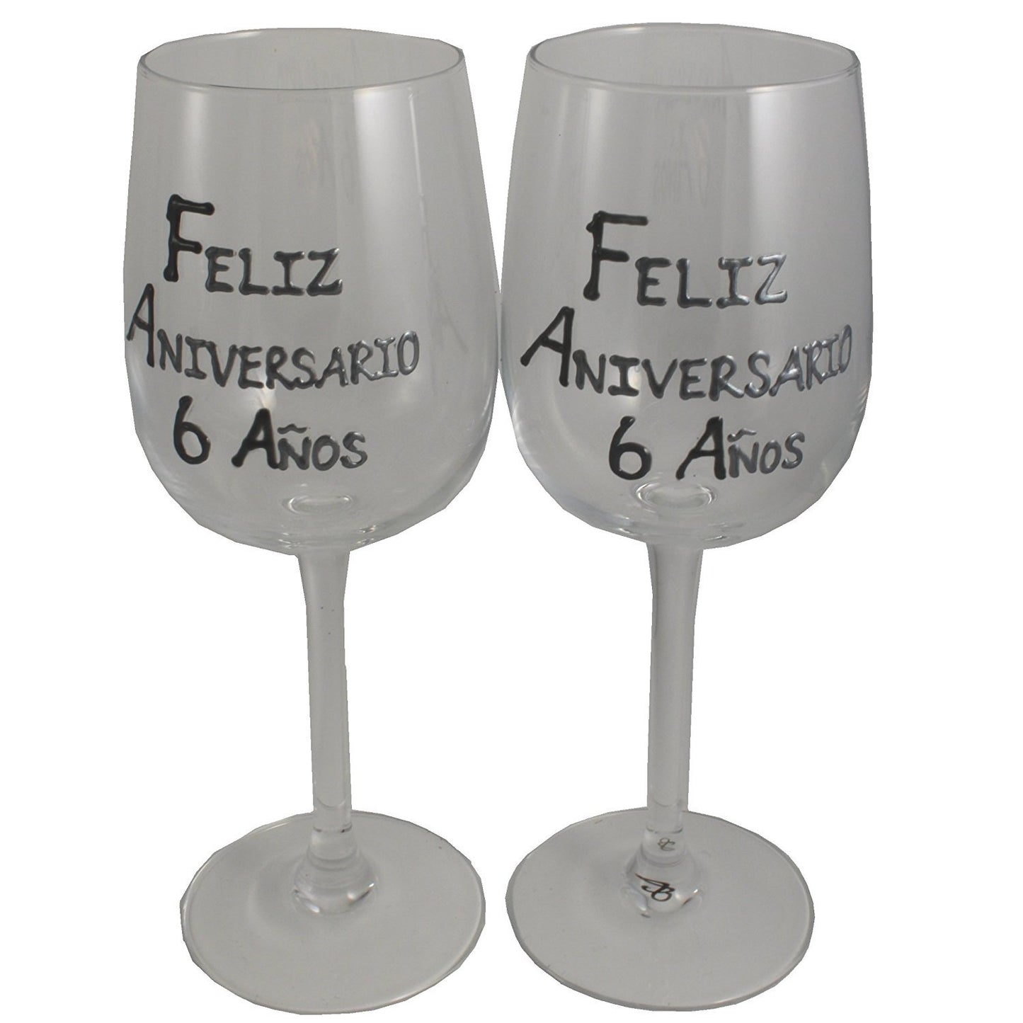 Un par de Copas de Vino Feliz Aniversario 6 Aí±os - 6th Wedding Anniversary Pair of Wine Glasses (Blk/Sil)