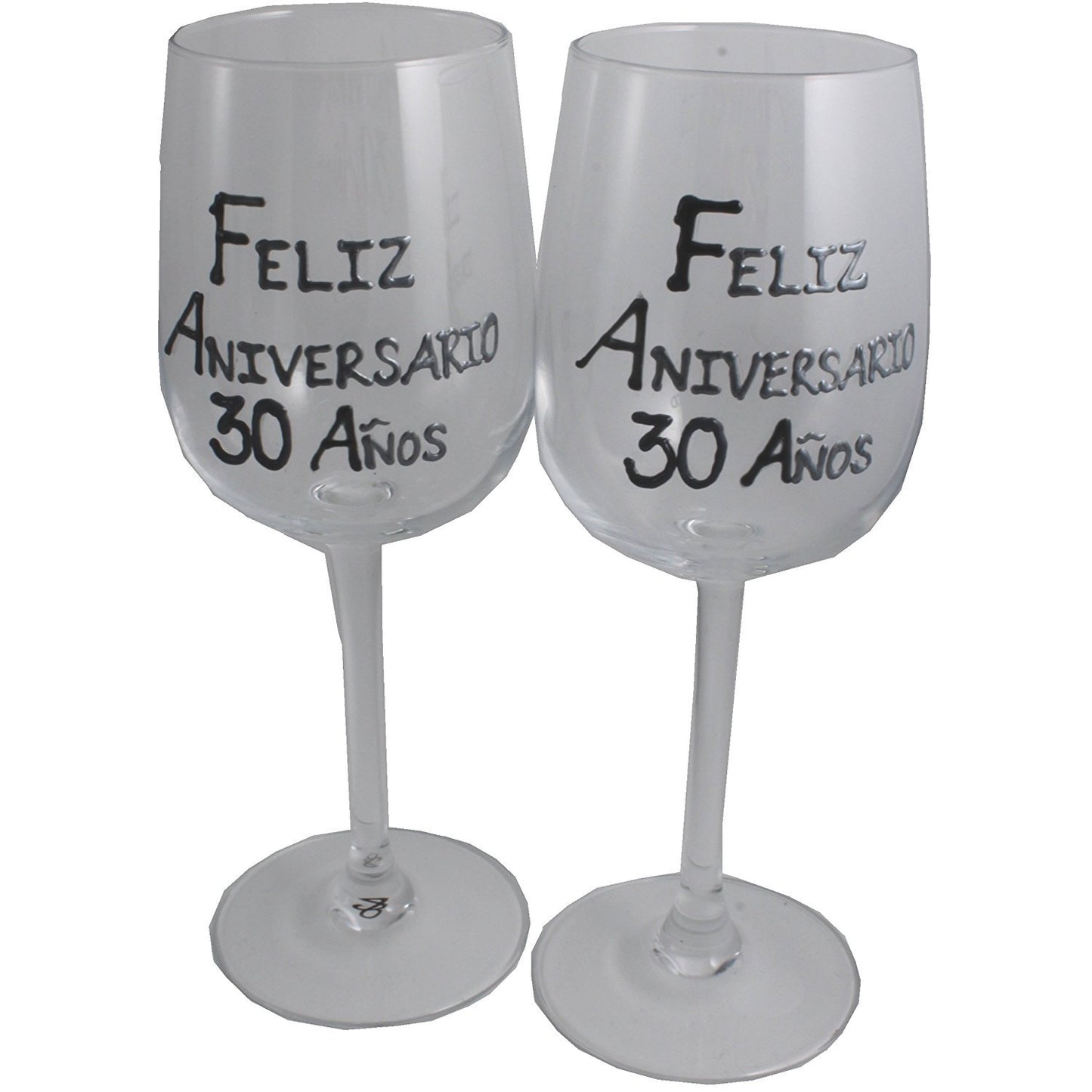 Un par de Copas de Vino Feliz Aniversario 30 Aí±os - 30th Wedding Anniversary Pair of Wine Glasses (Blk/Sil)