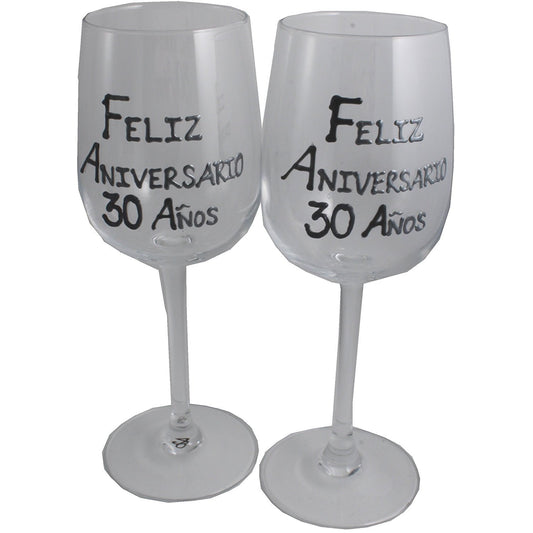 Un par de Copas de Vino Feliz Aniversario 30 Aí±os - 30th Wedding Anniversary Pair of Wine Glasses (Blk/Sil)
