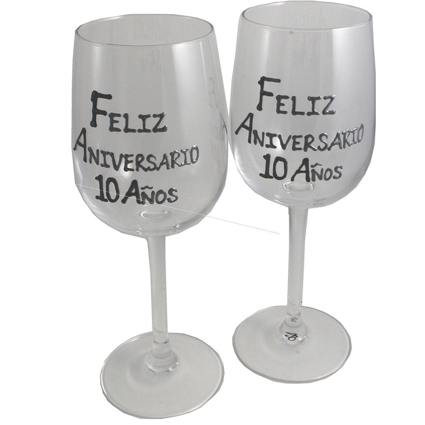 Un par de Copas de Vino Feliz Aniversario 10 Aí±os - 10th Wedding Anniversary Pair of Wine Glasses (Blk/Sil)