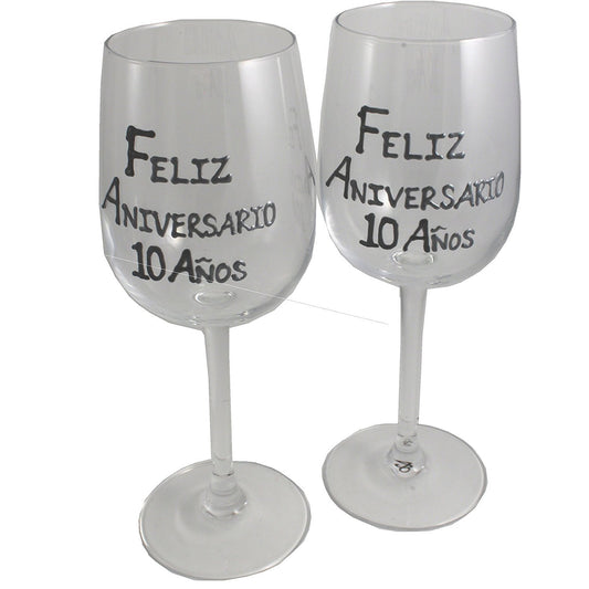 Un par de Copas de Vino Feliz Aniversario 10 Aí±os - 10th Wedding Anniversary Pair of Wine Glasses (Blk/Sil)