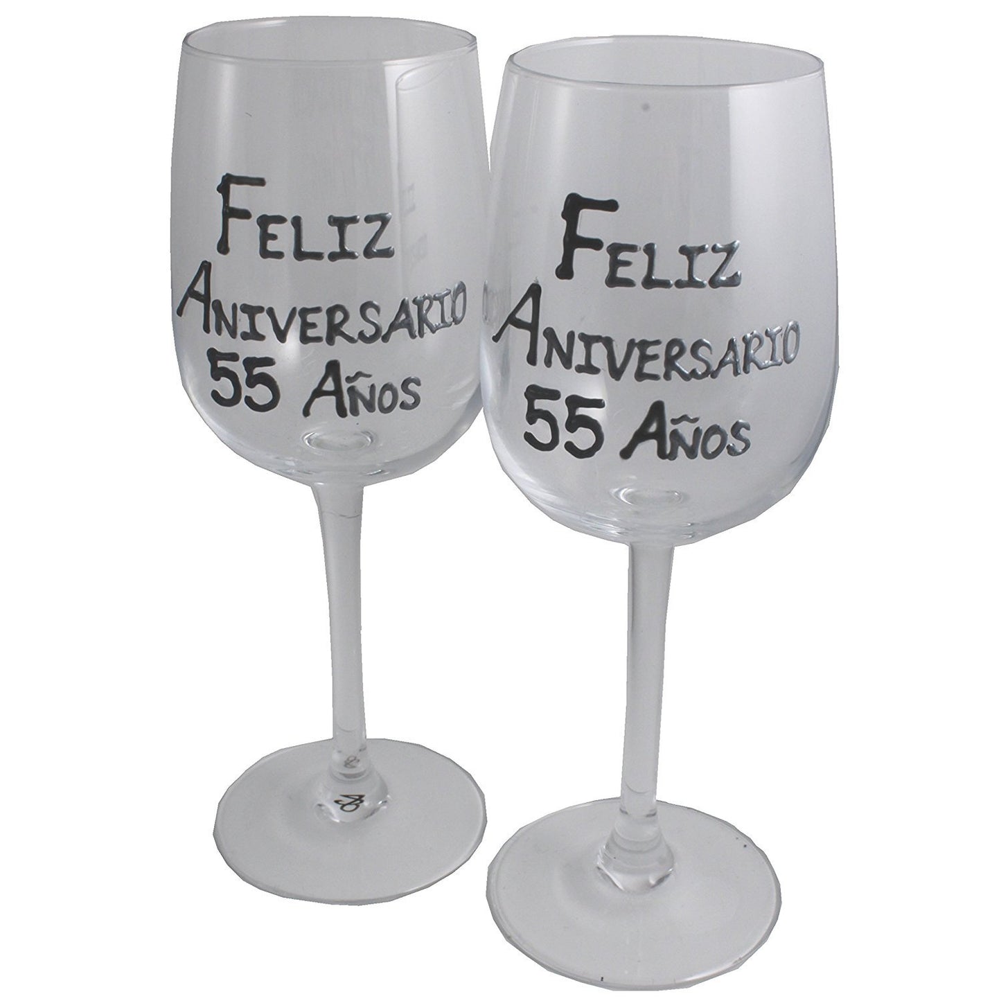 Un par de Copas de Vino Feliz Aniversario 55 Aí±os - 55th Wedding Anniversary Pair of Wine Glasses (Blk/Sil)