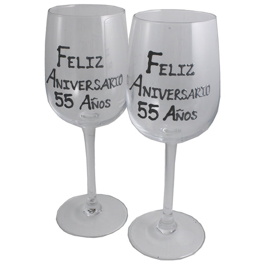 Un par de Copas de Vino Feliz Aniversario 55 Aí±os - 55th Wedding Anniversary Pair of Wine Glasses (Blk/Sil)