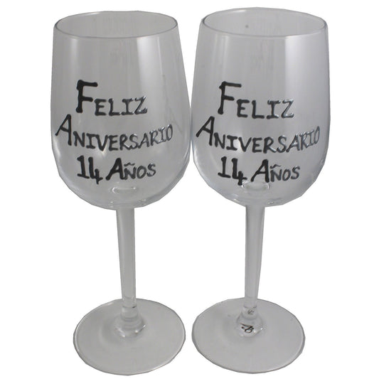 Un par de Copas de Vino Feliz Aniversario 14 Aí±os - 14th Wedding Anniversary Pair of Wine Glasses (Blk/Sil)
