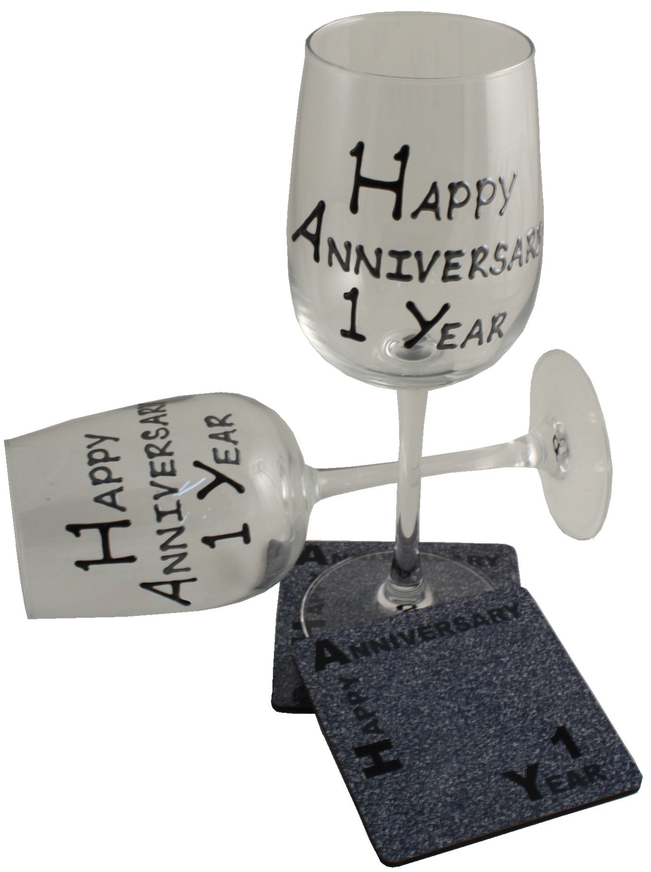1st Wedding Anniversary Wine Glasses & Coaster Blk/Sil