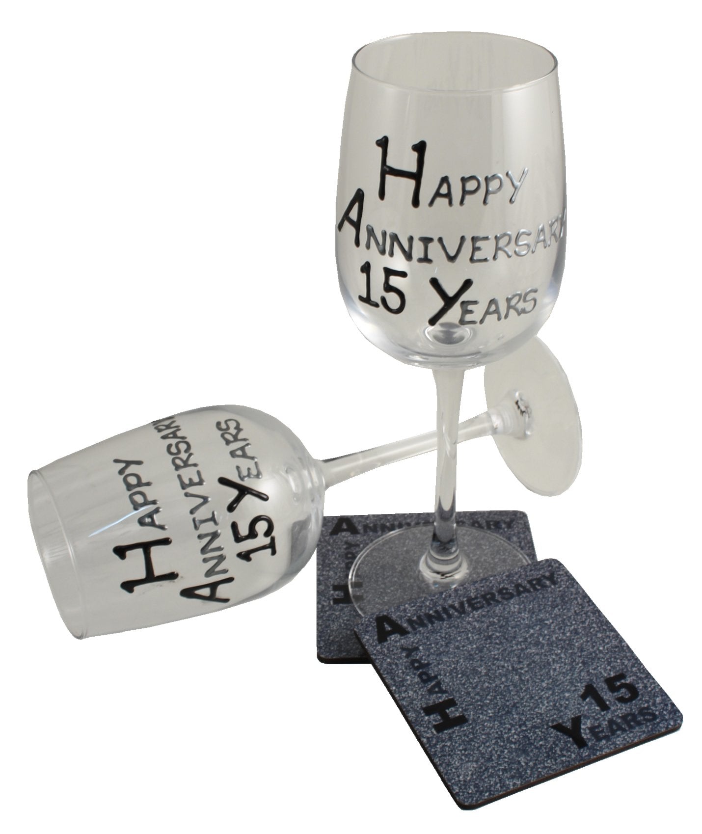 15th Wedding Anniversary Wine Glasses & Coaster Gift Set Blk/Sil