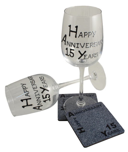 15th Wedding Anniversary Wine Glasses & Coaster Gift Set Blk/Sil