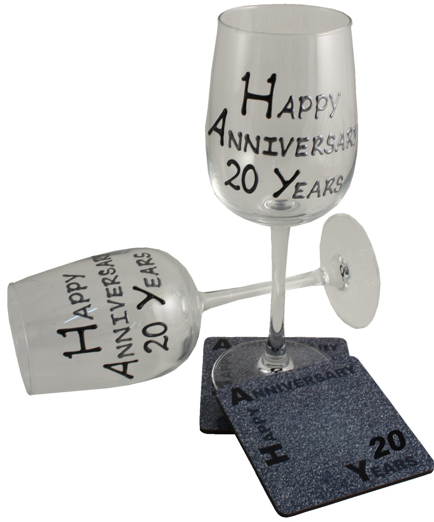 20th Wedding Anniversary Wine Glasses & Coasters Gift Set Blk/Sil