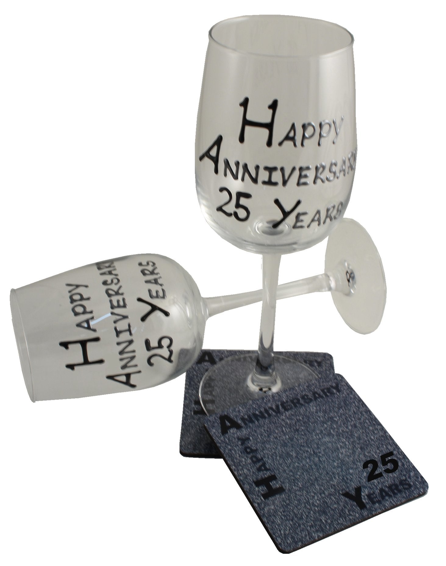 25th Wedding Anniversary Wine Glasses & Coasters Gift Set Blk/Sil 