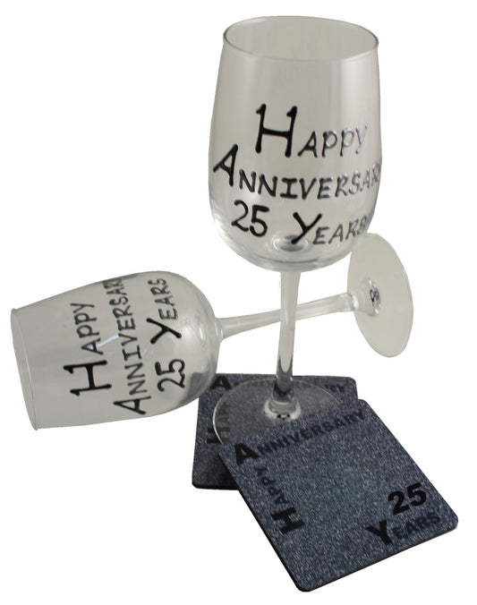 25th Wedding Anniversary Wine Glasses & Coasters Gift Set Blk/Sil 