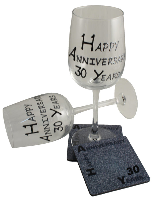 30th Wedding Anniversary Wine Glasses & Coasters Gift Set Blk/Sil 