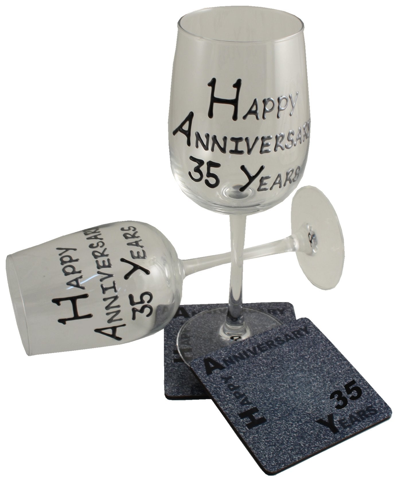 35th Wedding Anniversary Wine Glasses & Coasters Gift Set Blk/Sil 