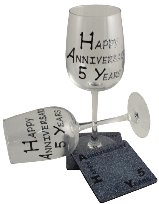 5th Wedding Anniversary Wine & Glasses & Coaster Gift Set Blk/Sil