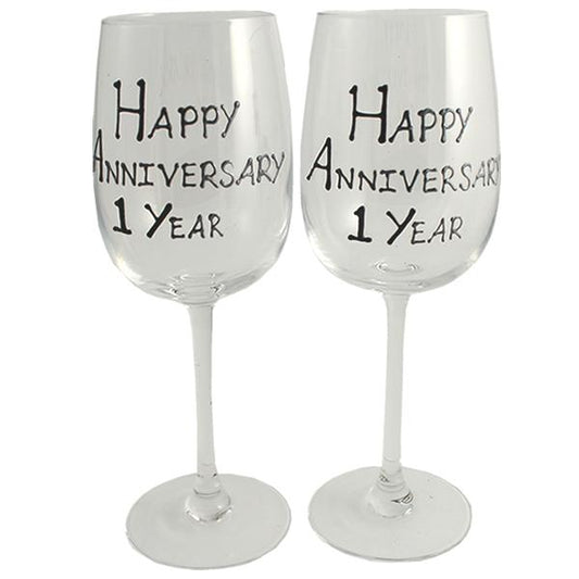 1st Wedding Anniversary Wine Glasses Blk/Sil