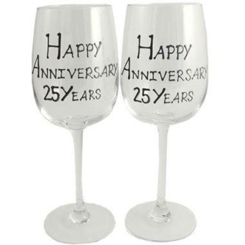 25th Wedding Anniversary Wine Glasses Blk/Sil