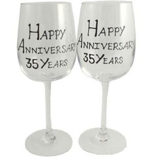 35th Wedding Anniversary Wine Glasses Blk/Sil