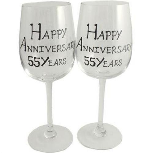 55th Wedding Anniversary Wine Glasses Blk/Sil