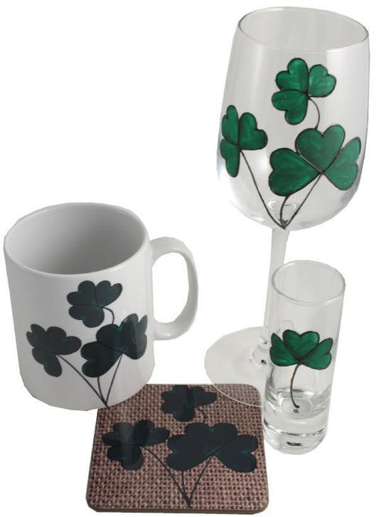 Shamrock Design Multi Gift Set:  Wine Glass, Shot Glass, Ceramic Mug & Coaster Set