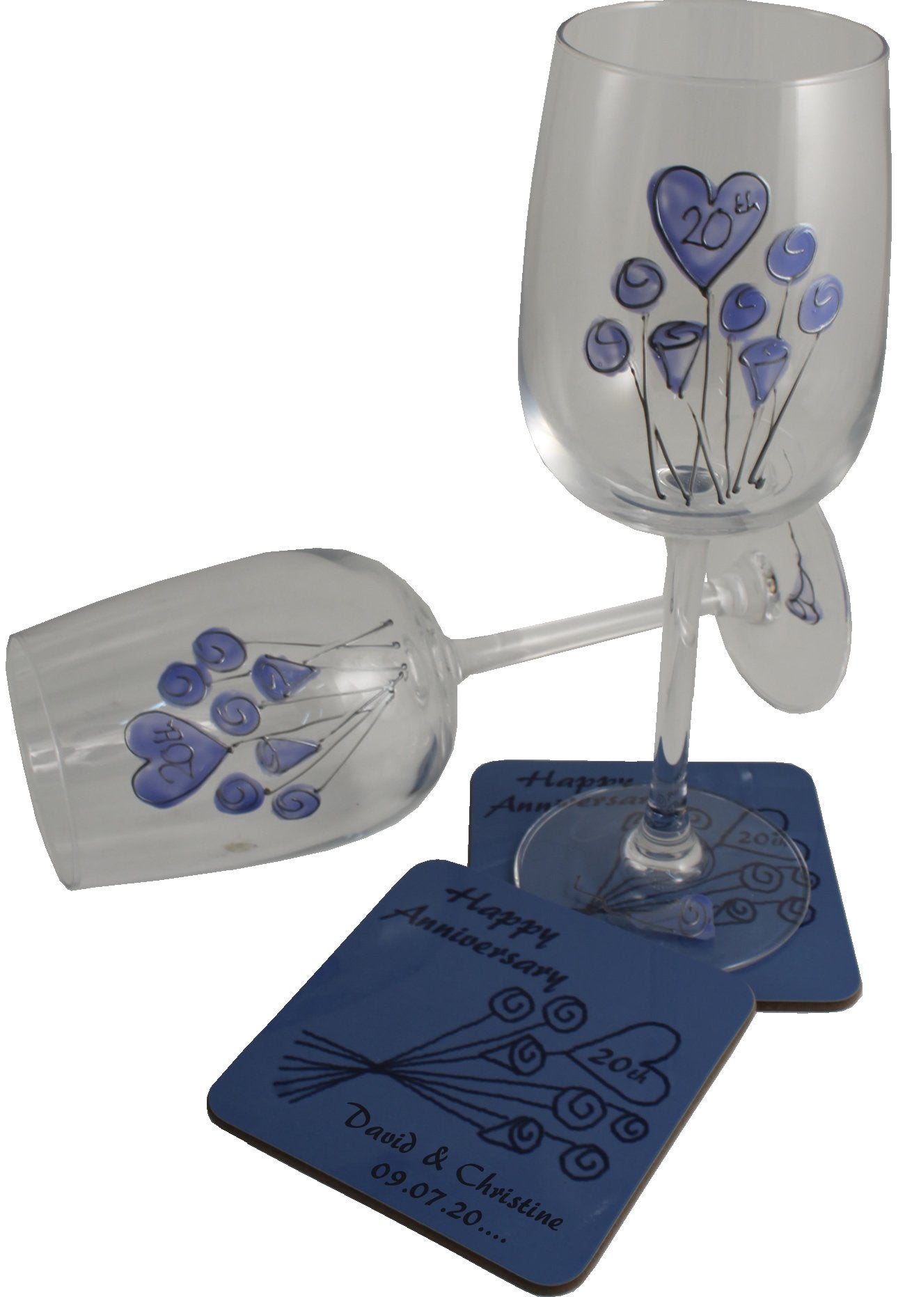 Personalised 20th Wedding Anniversary Wine Glasses & Coaster Gift Set Flower