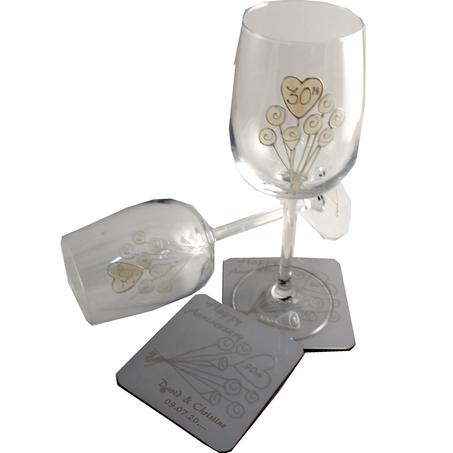 Personalised 30th Wedding Anniversary Wine Glasses & Coaster Gift Set Flower