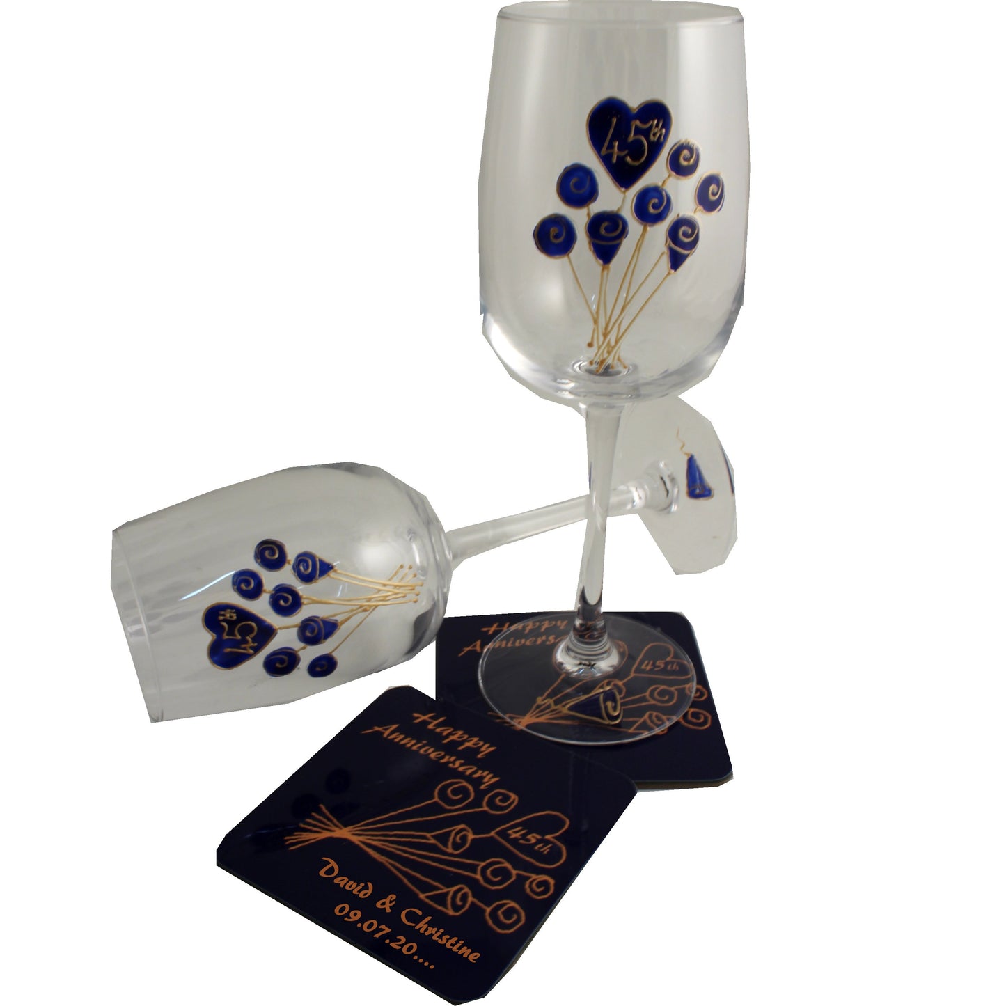 Personalised 45th Wedding Anniversary Wine Glasses & Coaster Gift Set Flower