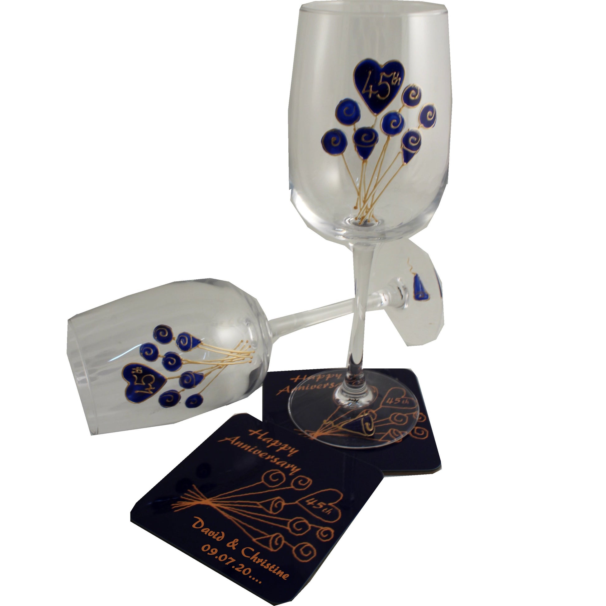 Personalised 45th Wedding Anniversary Wine Glasses & Coaster Gift Set Flower