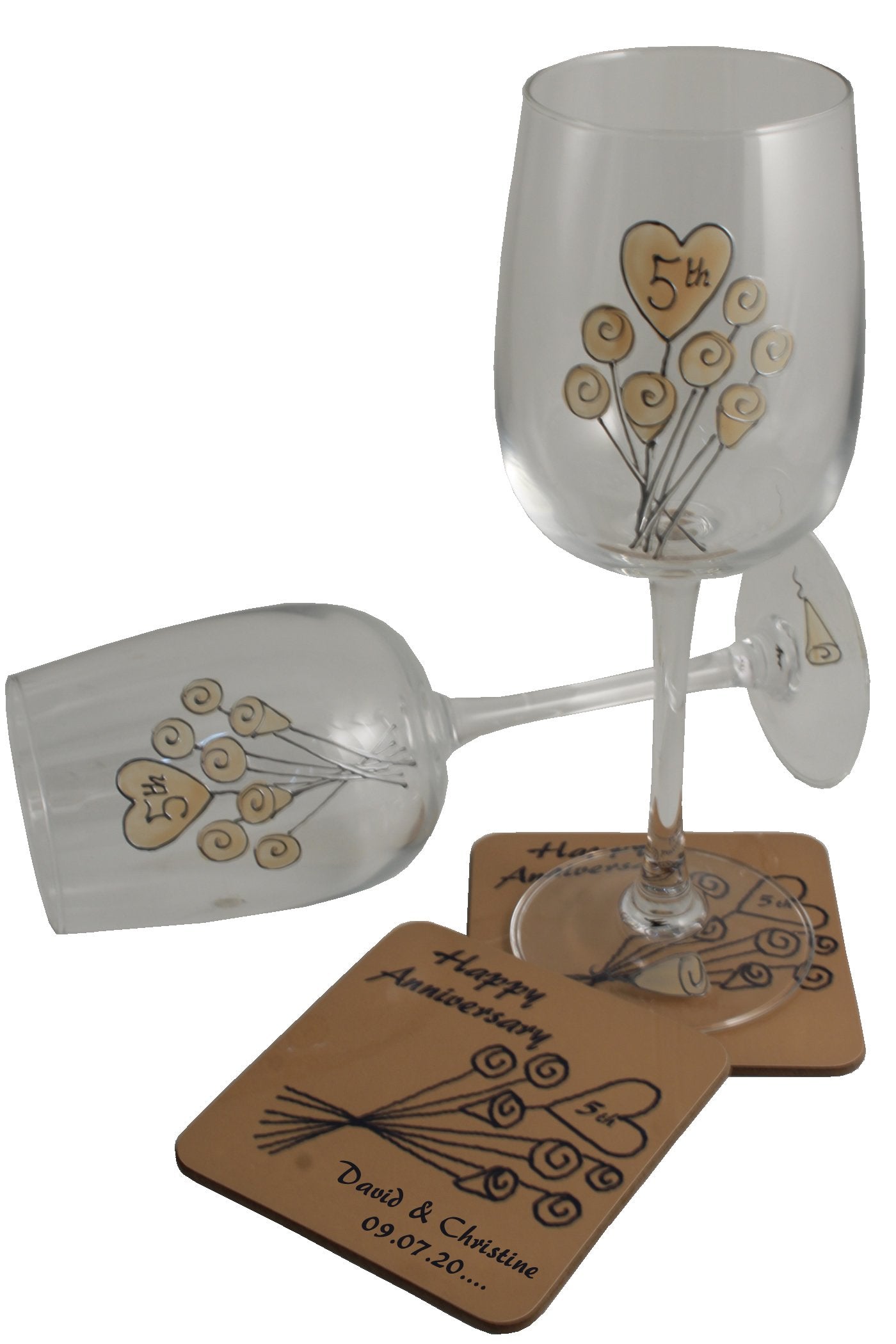 Personalised 5th Wedding Anniversary Wine Glasses & Coaster Gift Set Flower