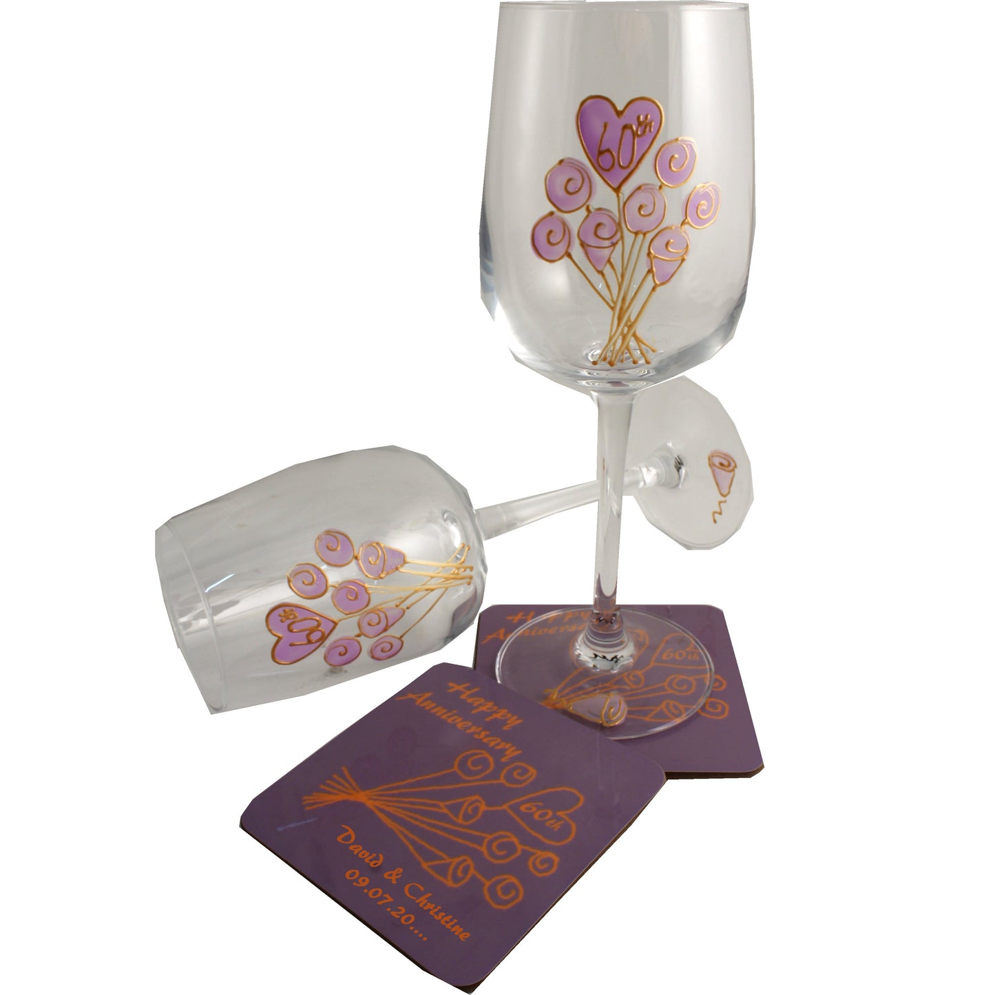 Personalised 60th Wedding Anniversary Wine Glasses & Coaster Gift Set Flower