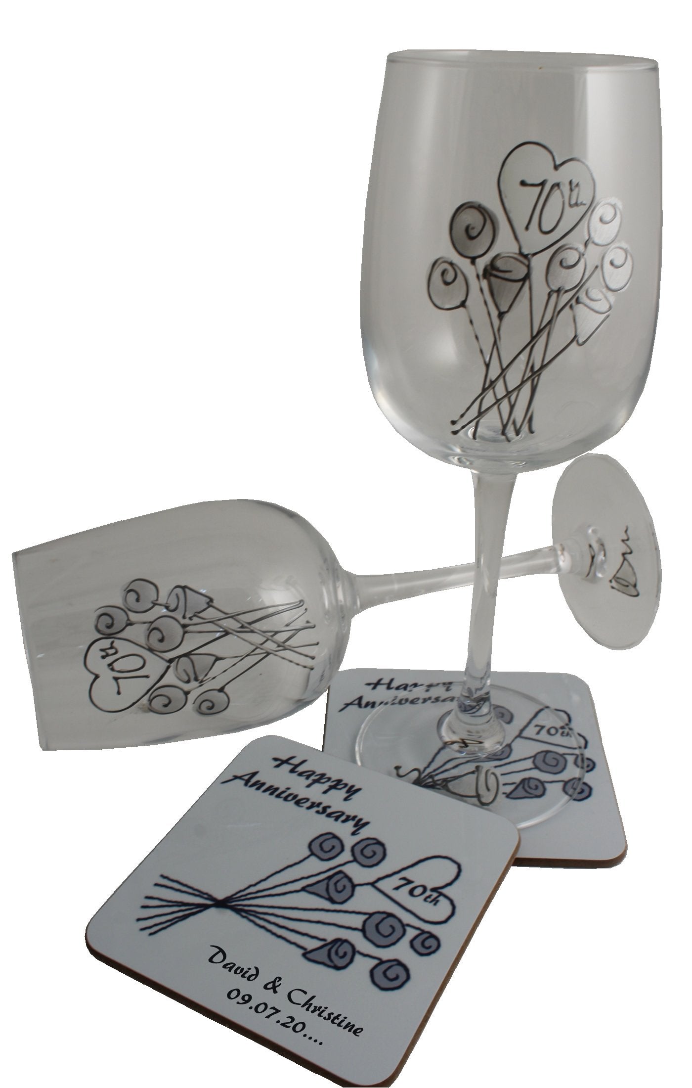 Personalised 70th Wedding Anniversary Wine Glasses & Coaster Gift Set Flower