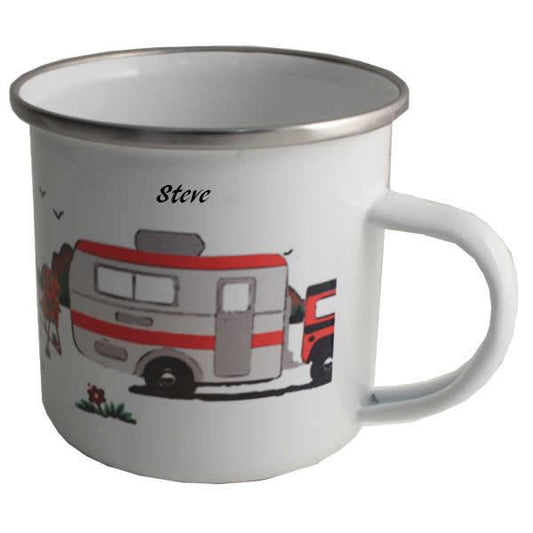Personalised Caravan Gift Enamel Mug: