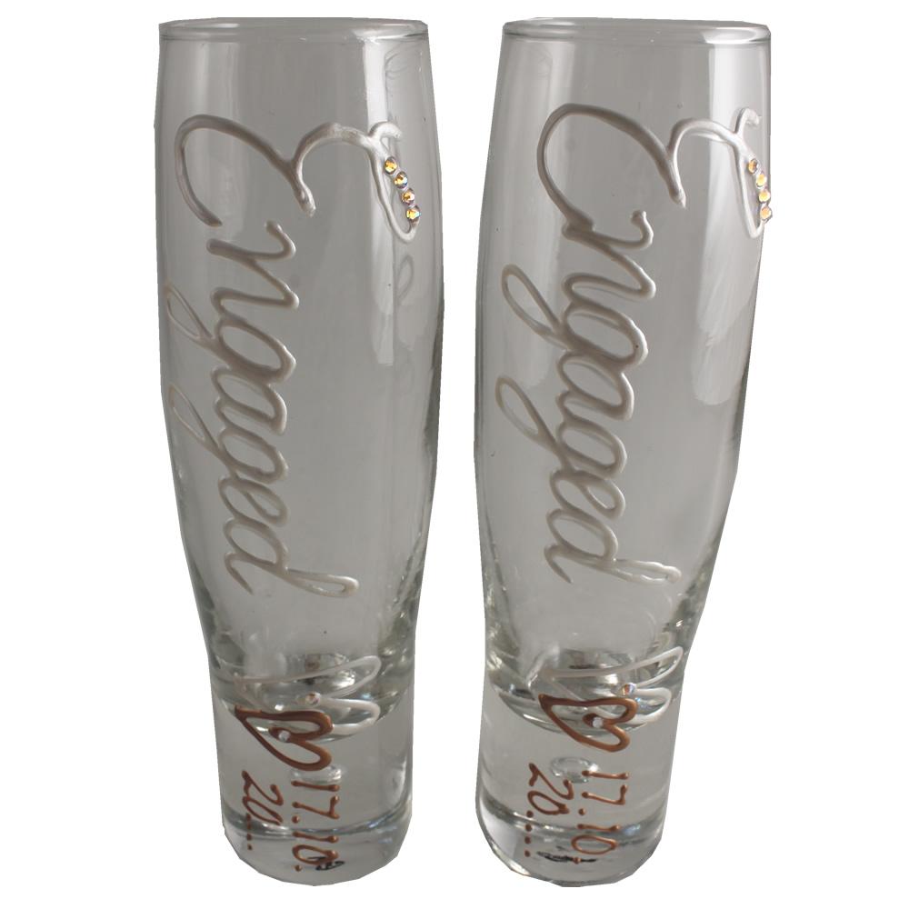 Engagement Gift Champagne Fluted Glasses: X2 Pearl with Crystals